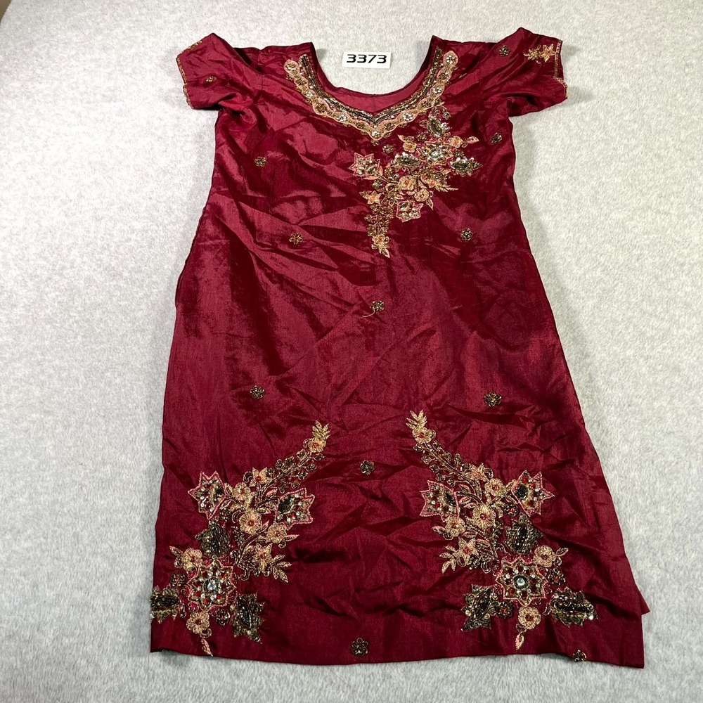 Womens Tunic Top Burgundy Silk Floral Beaded Sequin Embroidered Round Neck